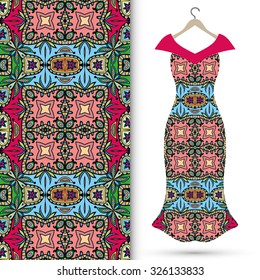 Vector fashion illustration, women's dress on a hanger, hand drawn seamless floral geometric pattern, isolated elements for invitation card design, repeating fabric texture