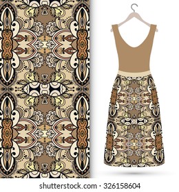 Vector fashion illustration, women's dress on a hanger, hand drawn seamless floral geometric pattern, isolated elements for invitation card design, repeating fabric texture