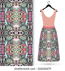 Vector fashion illustration, women's dress on a hanger, hand drawn seamless floral geometric pattern, isolated elements for invitation card design, repeating fabric texture