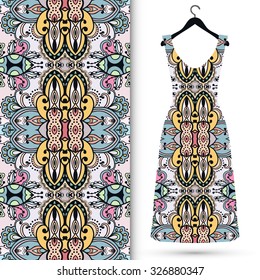 Vector fashion illustration, women's dress on a hanger, hand drawn seamless floral geometric pattern, isolated elements for invitation card design, repeating fabric texture