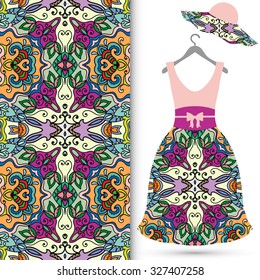 Vector fashion illustration, women's dress on a hanger, hand drawn seamless floral geometric pattern, isolated elements for invitation card design, repeating fabric texture
