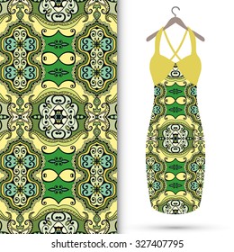 Vector fashion illustration, women's dress on a hanger, hand drawn seamless floral geometric pattern, isolated elements for invitation card design, repeating fabric texture