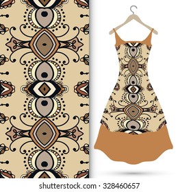 Vector fashion illustration, women's dress on a hanger, hand drawn seamless floral geometric pattern, isolated elements for invitation card design, repeating fabric texture