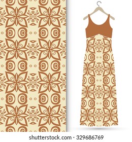 Vector fashion illustration, women's dress on a hanger, hand drawn seamless floral geometric pattern, isolated elements for invitation card design, repeating fabric texture