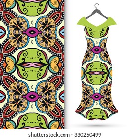 Vector fashion illustration, women's dress on a hanger, hand drawn seamless floral geometric pattern, isolated elements for invitation card design, repeating fabric texture.
