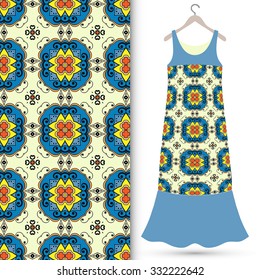 Vector fashion illustration, women's dress on a hanger, hand drawn seamless floral geometric pattern, isolated elements for invitation card design, repeating fabric texture
