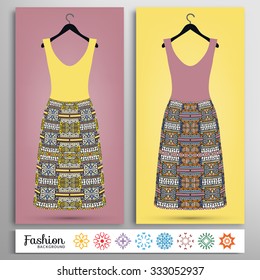 Vector fashion illustration, women's dress set on a hanger and stylized flowers collection, isolated design elements for Invitations or Cards, fabric or paper prints