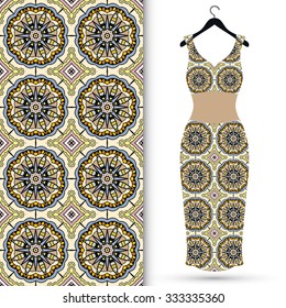 Vector fashion illustration, women's dress on a hanger, hand drawn seamless floral geometric pattern, isolated elements for invitation card design, repeating fabric texture