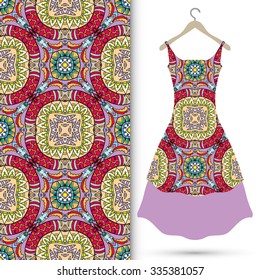 Vector fashion illustration, women's dress on a hanger, hand drawn seamless floral geometric pattern, isolated elements for invitation card design, repeating fabric texture