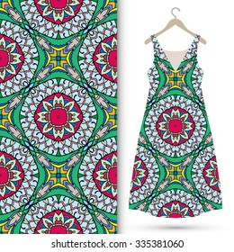 Vector fashion illustration, women's dress on a hanger, hand drawn seamless floral geometric pattern, isolated elements for invitation card design, repeating fabric texture