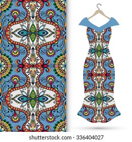 Vector fashion illustration, women's dress on a hanger, hand drawn seamless floral geometric pattern, isolated elements for invitation card design, repeating fabric texture