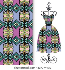 Vector fashion illustration, women's dress on a hanger, hand drawn seamless floral geometric pattern, isolated elements for invitation card design, repeating fabric texture