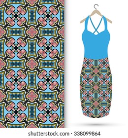 Vector fashion illustration, women's dress on a hanger, hand drawn seamless floral geometric pattern, isolated elements for invitation card design, repeating fabric texture