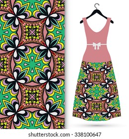 Vector fashion illustration, women's dress on a hanger, hand drawn seamless floral geometric pattern, isolated elements for invitation card design, repeating fabric texture