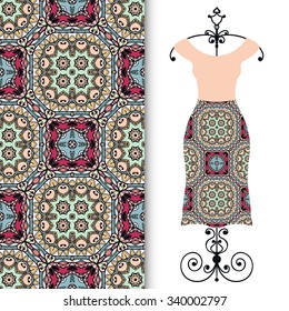 Vector fashion illustration, women's dress on a hanger, hand drawn seamless floral geometric pattern, isolated elements for invitation card design, repeating fabric texture