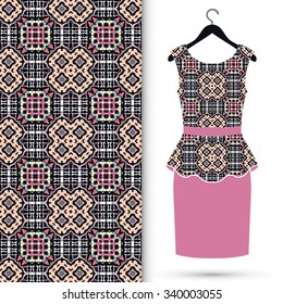 Vector fashion illustration, women's dress on a hanger, hand drawn seamless floral geometric pattern, isolated elements for invitation card design, repeating fabric texture