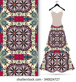 Vector fashion illustration, women's dress on a hanger, hand drawn seamless floral geometric pattern, isolated elements for invitation card design, repeating fabric texture