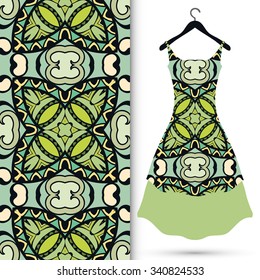 Vector fashion illustration, women's dress on a hanger, hand drawn seamless floral geometric pattern, isolated elements for invitation card design, repeating fabric texture
