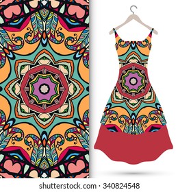 Vector fashion illustration, women's dress on a hanger, hand drawn seamless floral geometric pattern, isolated elements for invitation card design, repeating fabric texture