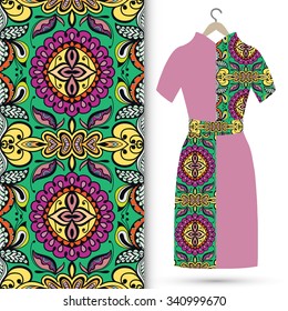 Vector fashion illustration, women's dress on a hanger, hand drawn seamless floral geometric pattern, isolated elements for invitation card design, repeating fabric texture