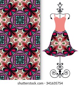 Vector fashion illustration. Women's dress on a hanger and seamless pattern with repeating fabric texture. Hand drawn isolated elements for scrapbook, invitations or cards design.