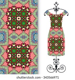Vector fashion illustration. Women's dress on a hanger and seamless pattern with repeating fabric texture. Hand drawn isolated elements for scrapbook, invitations or cards design.