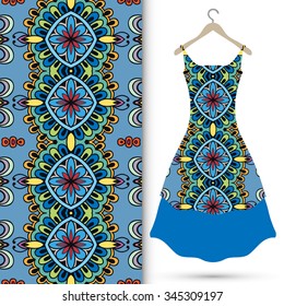Vector fashion illustration. Women's dress on a hanger and seamless pattern with repeating fabric texture. Hand drawn isolated elements for scrapbook, invitations or cards design.