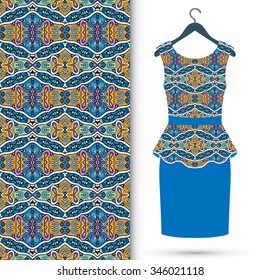 Vector fashion illustration. Women's dress on a hanger and seamless pattern with repeating fabric texture. Hand drawn isolated elements for scrapbook, invitations or cards design.