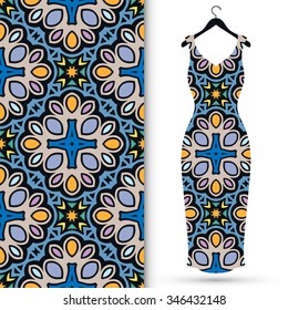 Vector fashion illustration. Women's dress on a hanger and seamless pattern with repeating fabric texture. Hand drawn isolated elements for scrapbook, invitations or cards design.
