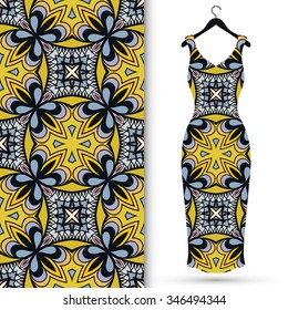 Vector fashion illustration. Women's dress on a hanger and seamless pattern with repeating fabric texture. Hand drawn isolated elements for scrapbook, invitations or cards design.