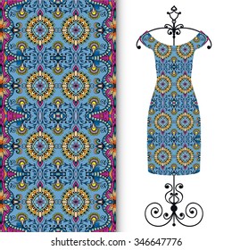 Vector fashion illustration. Women's dress on a hanger and seamless pattern with repeating fabric texture. Hand drawn isolated elements for scrapbook, invitations or cards design.