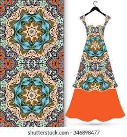 Vector fashion illustration. Women's dress on a hanger and seamless pattern with repeating fabric texture. Hand drawn isolated elements for scrapbook, invitations or cards design.