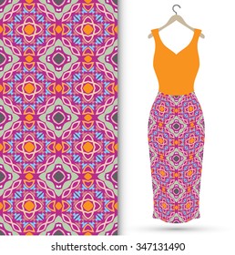 Vector fashion illustration. Women's dress on a hanger and seamless pattern with repeating fabric texture. Hand drawn isolated elements for scrapbook, invitations or cards design.