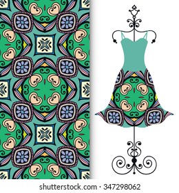 Vector fashion illustration. Women's dress on a hanger and seamless pattern with repeating fabric texture. Hand drawn isolated elements for scrapbook, invitations or cards design.