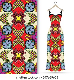 Vector fashion illustration. Women's dress on a hanger and seamless pattern with repeating fabric texture. Hand drawn isolated elements for scrapbook, invitations or cards design.