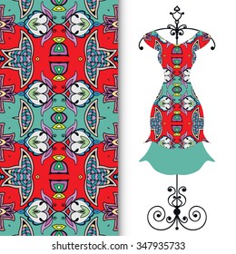 Vector fashion illustration. Women's dress on a hanger and seamless pattern with repeating fabric texture. Hand drawn isolated elements for scrapbook, invitations or cards design.