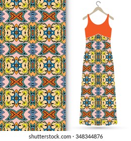Vector fashion illustration. Women's dress on a hanger and seamless pattern with repeating fabric texture. Hand drawn isolated elements for scrapbook, invitations or cards design.
