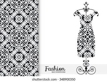 Vector fashion illustration. Women's dress on a hanger and seamless pattern with repeating fabric texture. Hand drawn isolated elements for scrapbook, invitations or cards design. Black and white