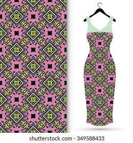 Vector fashion illustration. Women's dress on a hanger and seamless pattern with repeating fabric texture. Hand drawn isolated elements for scrapbook, invitations or cards design.