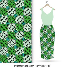 Vector fashion illustration. Women's dress on a hanger and seamless pattern with repeating fabric texture. Hand drawn isolated elements for scrapbook, invitations or cards design.