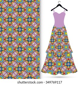 Vector fashion illustration. Women's dress on a hanger and seamless pattern with repeating fabric texture. Hand drawn isolated elements for scrapbook, invitations or cards design.