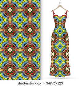 Vector fashion illustration. Women's dress on a hanger and seamless pattern with repeating fabric texture. Hand drawn isolated elements for scrapbook, invitations or cards design.