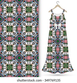 Vector fashion illustration. Women's dress on a hanger and seamless pattern with repeating fabric texture. Hand drawn isolated elements for scrapbook, invitations or cards design.