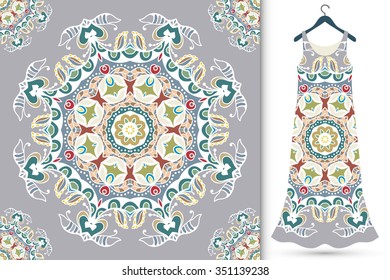 Vector fashion illustration. Women's dress on a hanger and seamless floral geometric pattern with Mandala round ornament. Hand drawn tribal ethnic motif, vector illustration