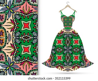Vector fashion illustration. Women's dress on a hanger and seamless pattern with repeating fabric texture. Hand drawn isolated elements for scrapbook, invitations or cards design.