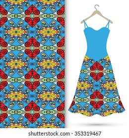 Vector fashion illustration. Women's dress on a hanger and seamless pattern with repeating fabric texture. Hand drawn isolated elements for scrapbook, invitations or cards design.