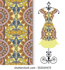 Vector fashion illustration. Women's dress on a hanger and seamless pattern with repeating fabric texture. Hand drawn isolated elements for scrapbook, invitations or cards design.