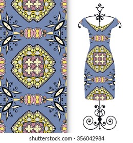 Vector fashion illustration. Women's dress on a hanger and seamless fabric pattern with repeating floral geometric texture. Hand drawn isolated elements for scrapbook, invitations or cards design.