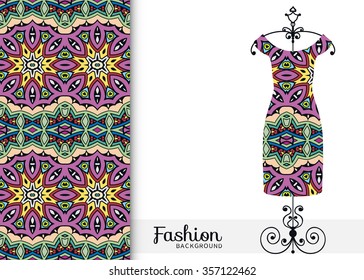 Vector fashion illustration. Women's dress on a hanger and seamless fabric pattern with repeating floral geometric texture. Hand drawn isolated elements for scrapbook, invitations or cards design.