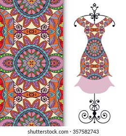 Vector fashion illustration. Women's dress on a hanger and seamless fabric pattern with repeating floral geometric texture. Hand drawn isolated elements for scrapbook, invitations or cards design.